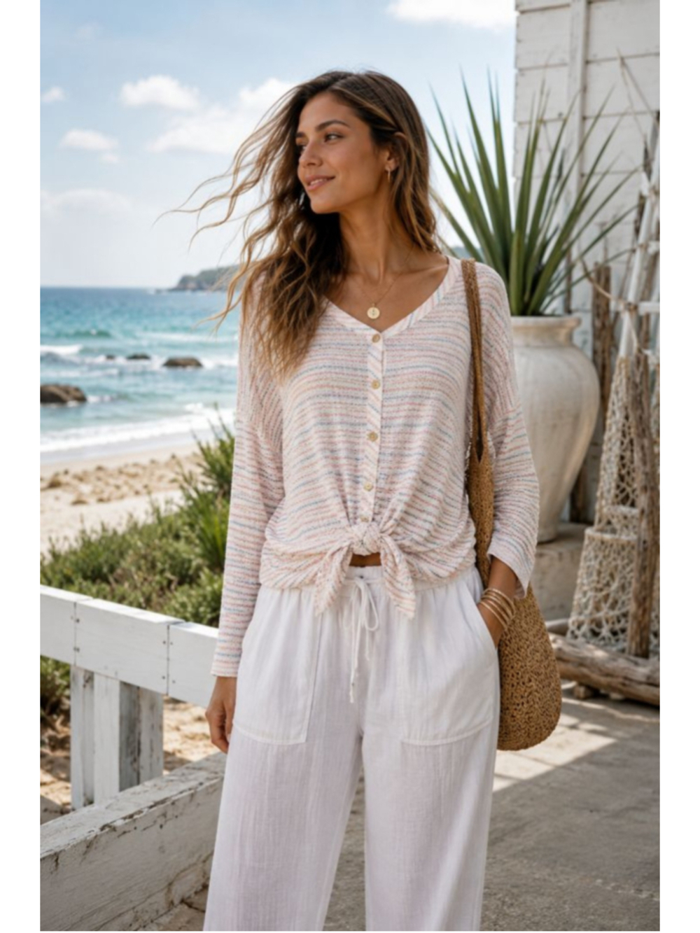 PAPER CRANE | Striped Pastel Tie Front Button Up Blouse Size M